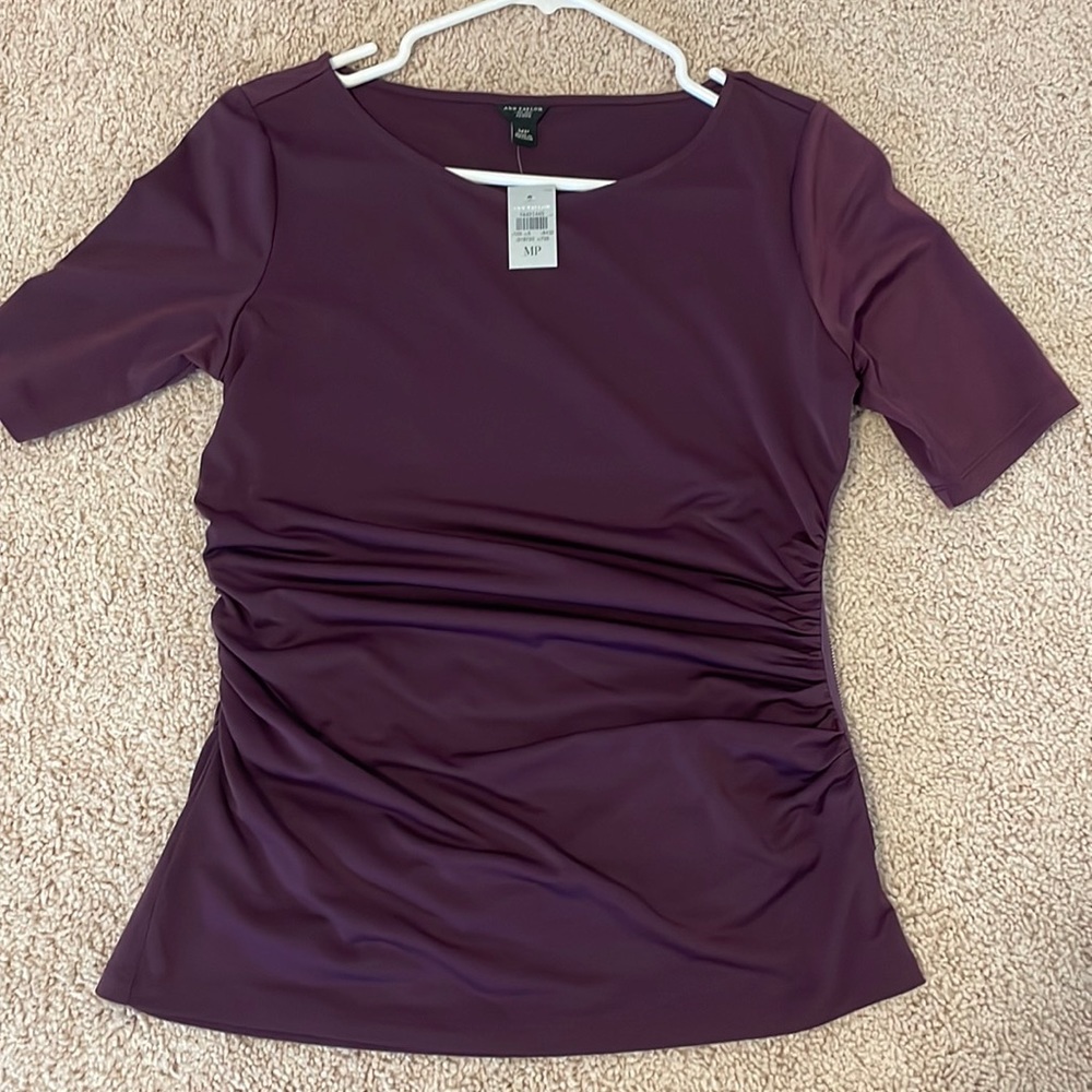 Ann Taylor ruched plum top side zip petite medium PM